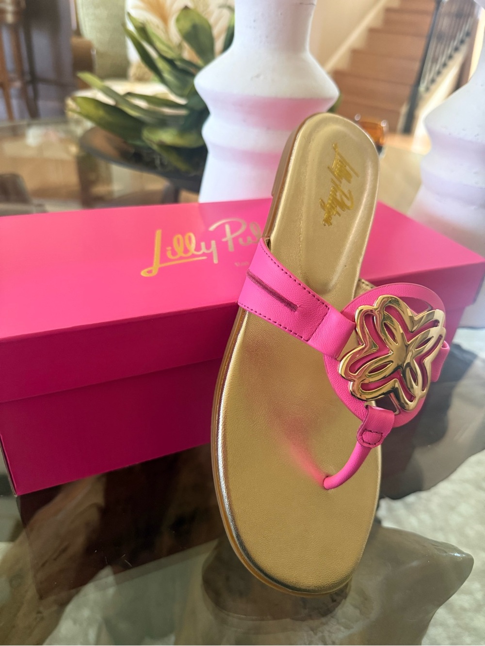 Lilly Pulitzer Hot Pink Sandal with Gold Floral Accent size 8